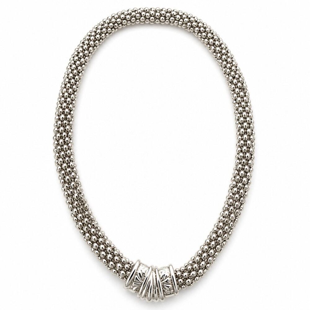 Vintage “Ambiance Bay” Silver Caviar Bead Mesh Collar Necklace Scrolled Filigree